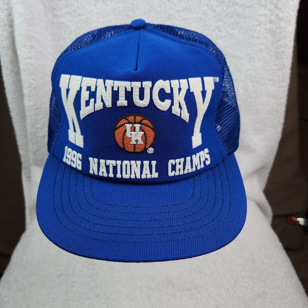 VTG Kentucky Wildcats 1996 National Champs Snapback Trucker Hat Blue GA Headwear